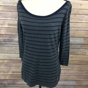 Hollister Knit Top Women Large 3/4 Sleeve Blue & Gray Stripe Cotton